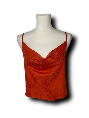 Out From Under Cowl Neck Satin-Feel Jacquard Print Crop Top Camisole Rust Orange